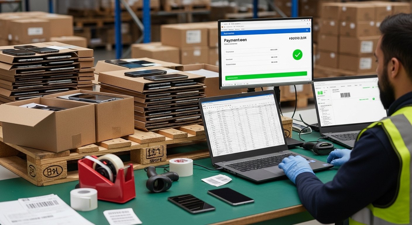 Bulk phone processing: inventory spreadsheet, shipping pallet, payment confirmation