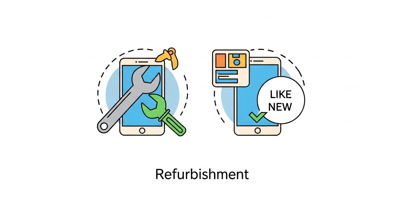 Infographic showing phone lifecycle: manufacturing, use, trade-in, refurbishment, resale vs landfill