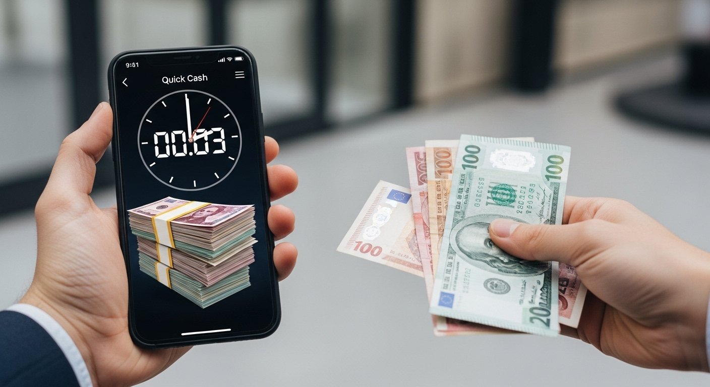 Quick phone cash services: Person holding smartphone with cash and clock symbolizing fast payment