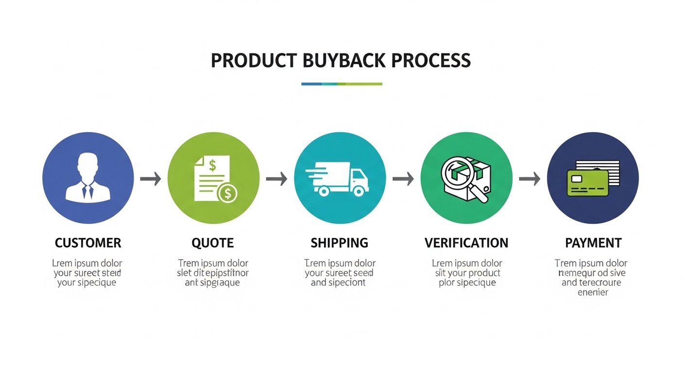 Infographic showing buyback process flow: customer, quote, shipping, verification, payment