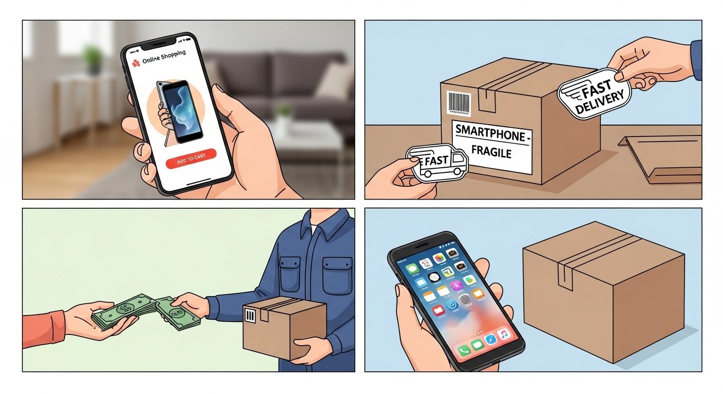 Step-by-step illustration: smartphone, shipping box, cash payment with fast delivery symbol