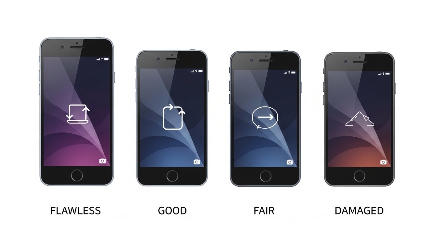 Phone condition grading illustration: flawless, good, fair, damaged