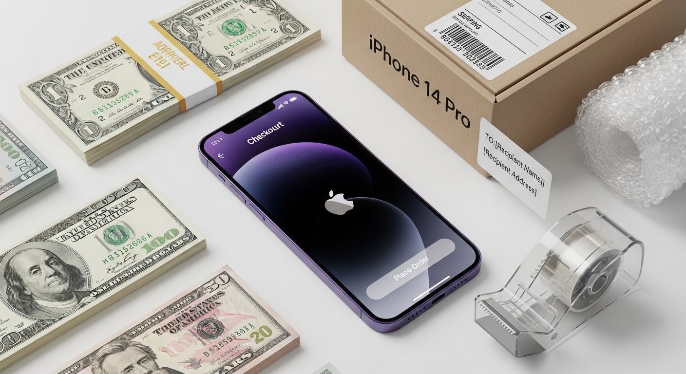 Sell iPhone 14 Pro online: iPhone 14 Pro in Deep Purple with cash and shipping box