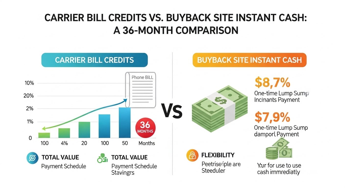 Infographic comparing carrier bill credits vs buyback site instant cash over 36 months
