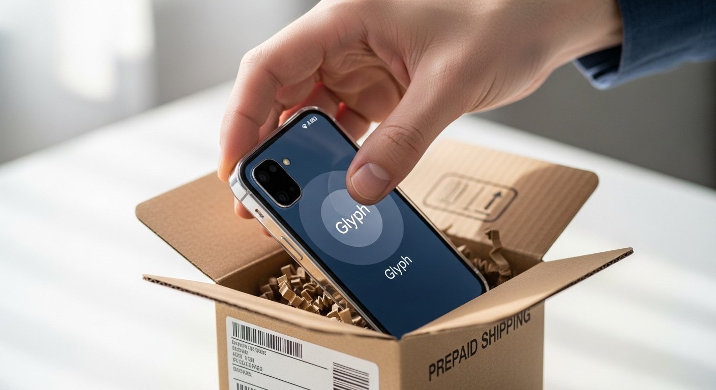 Hand placing a Nothing Phone into a prepaid shipping box