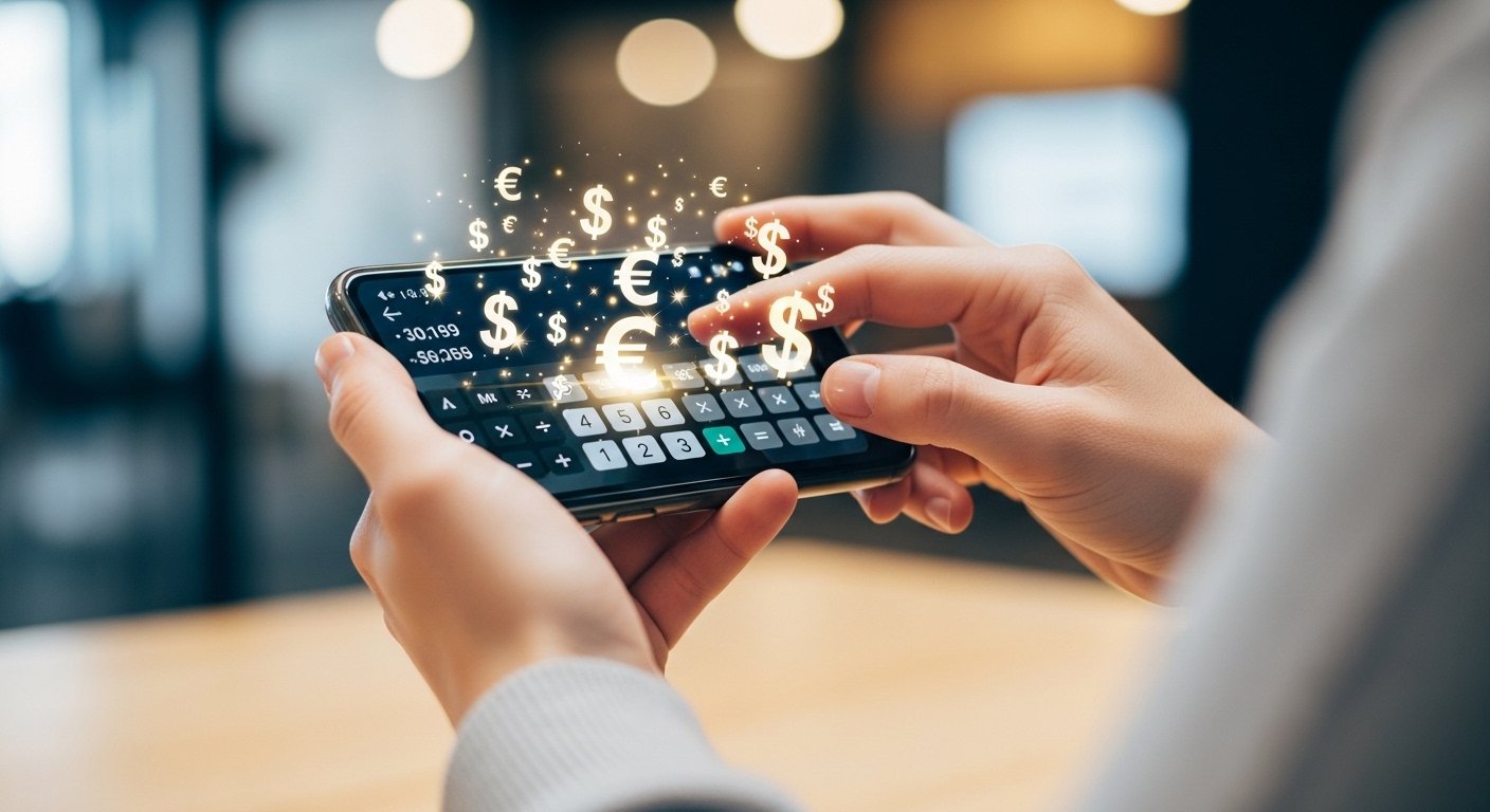 Instant phone trade-in calculator guide: Person using calculator on smartphone with cash symbols