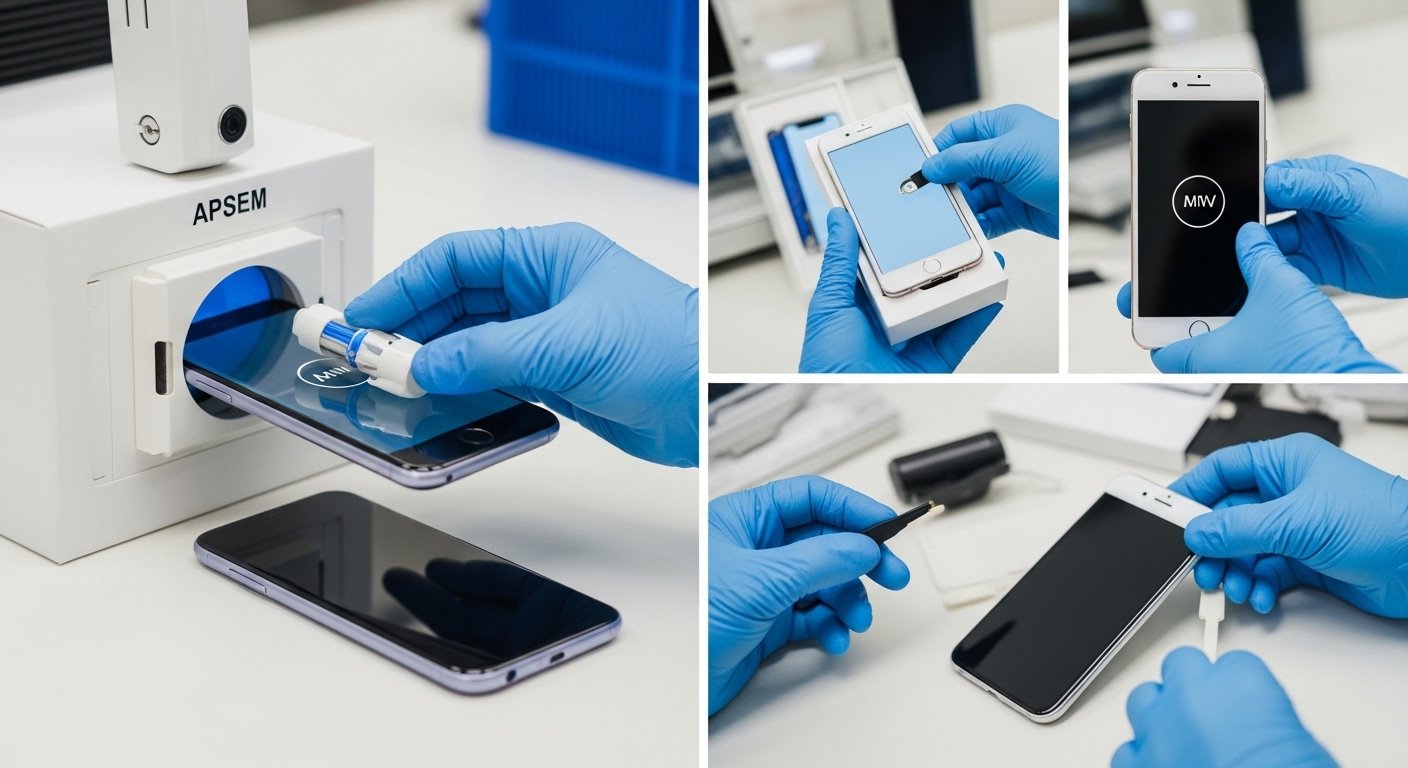 Phone refurbishment process: device being inspected, data wiped, repackaged for resale