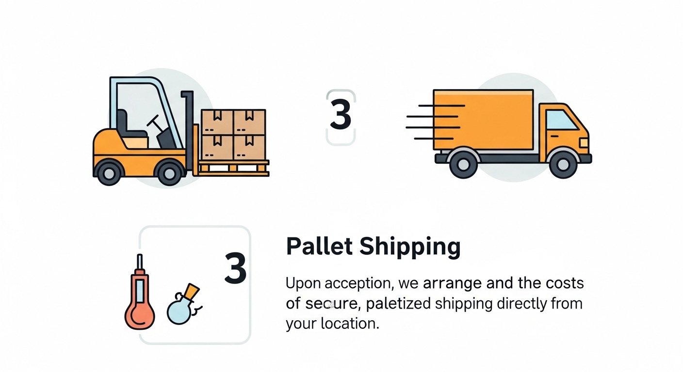 Infographic showing bulk buyback process: inventory, quote, pallet shipping, payment