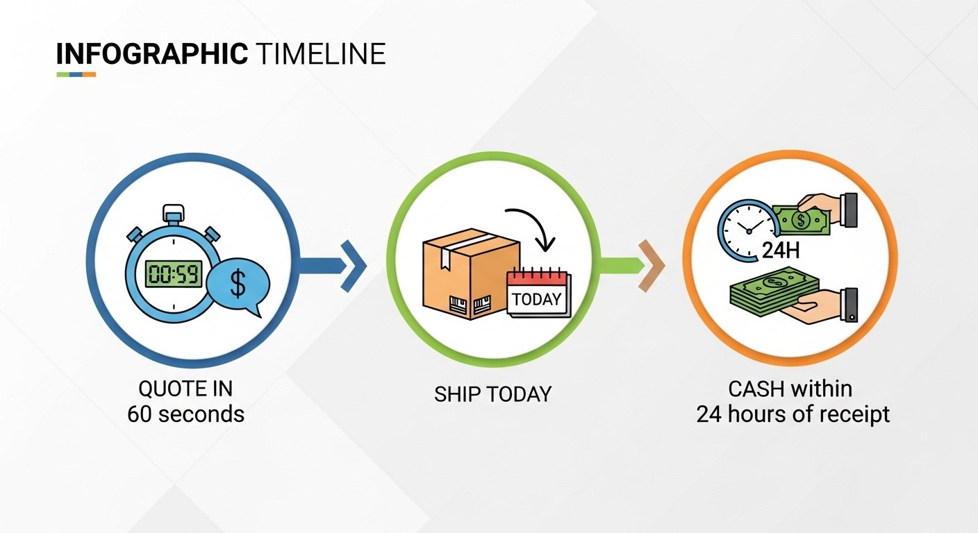 Infographic showing timeline: Quote in 60 seconds, ship today, cash within 24 hours of receipt