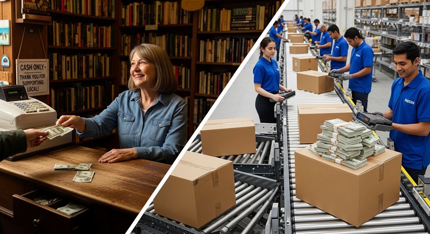 Comparison illustration: Local store with low cash vs online with higher cash and shipping box