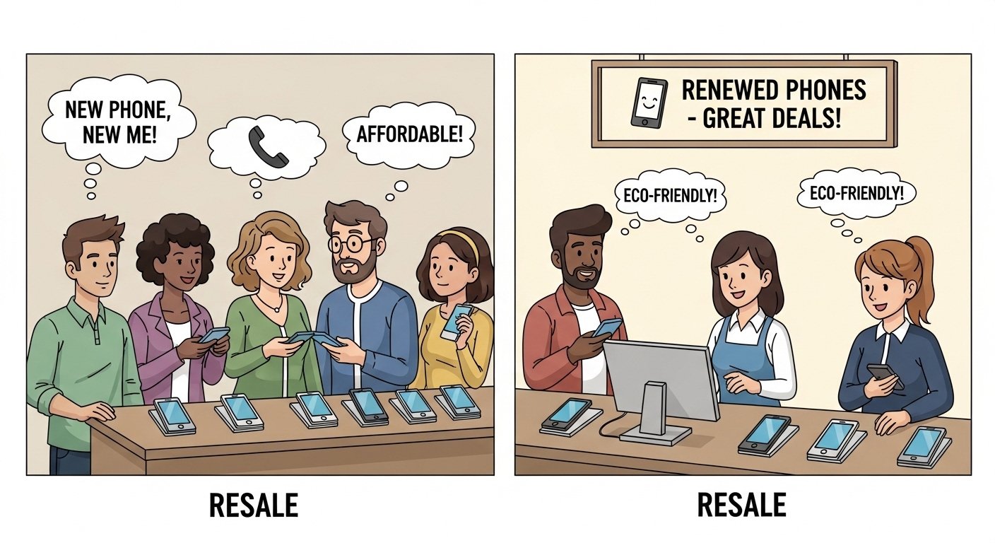 Phone recycling process: device inspection, data wiping, refurbishment, resale