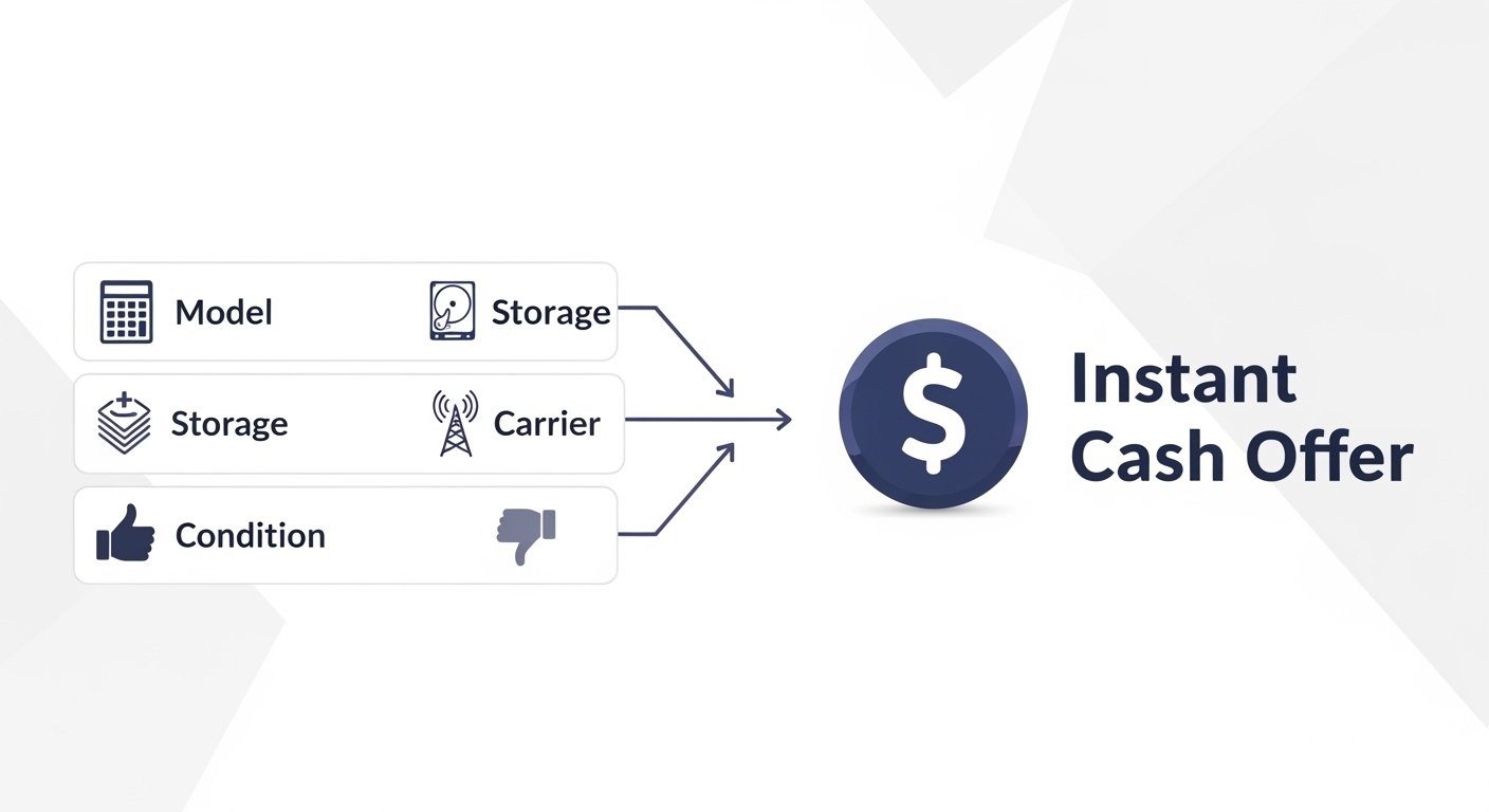 Infographic showing calculator inputs: model, storage, carrier, condition – output: instant cash offer