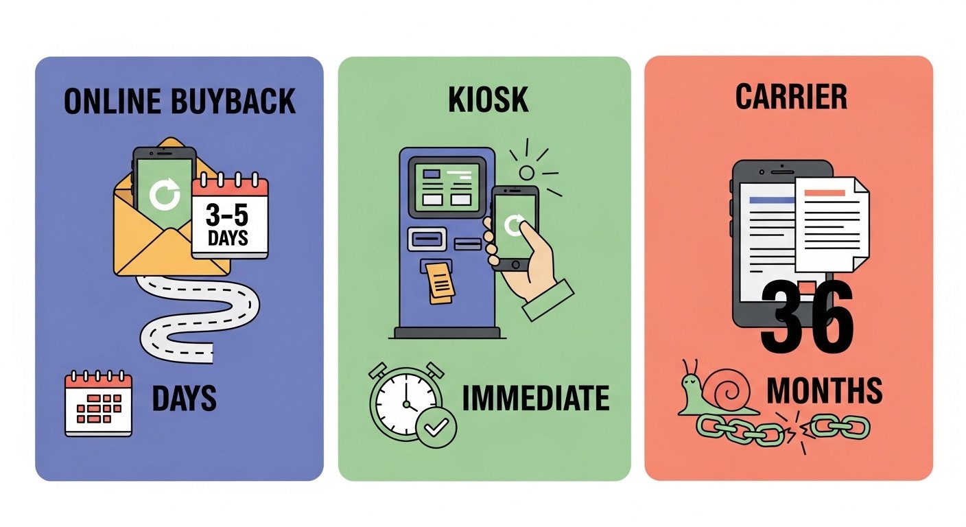 Speed comparison infographic: online buyback 3-5 days, kiosk immediate, carrier 36 months