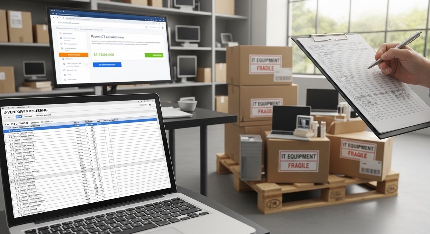 Corporate device processing: inventory spreadsheet, shipping pallet, payment confirmation