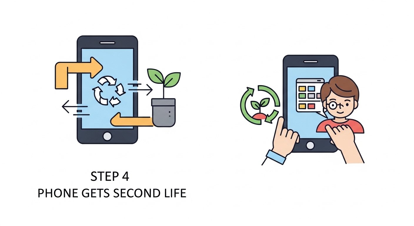 Infographic showing online recycling process: request quote, ship free, get paid, phone gets second life
