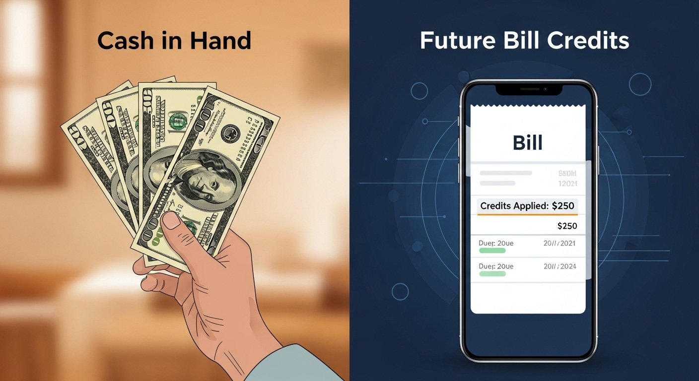 Comparison illustration: cash in hand vs future bill credits