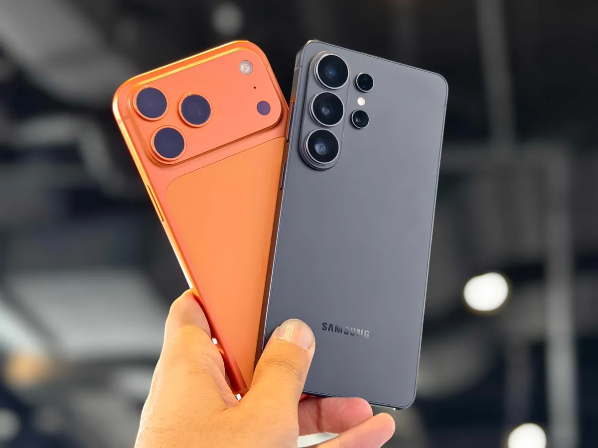 Social media graphic: Samsung S26 Ultra vs iPhone 17 Pro Max, plus how to sell old and buy new with affiliate link