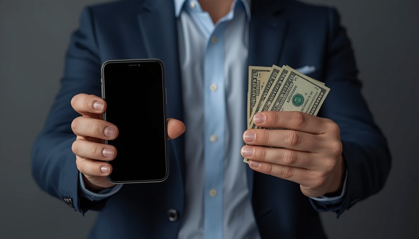 Person comparing instant cash for old phone vs T-Mobile trade-in deals with a smartphone and cash