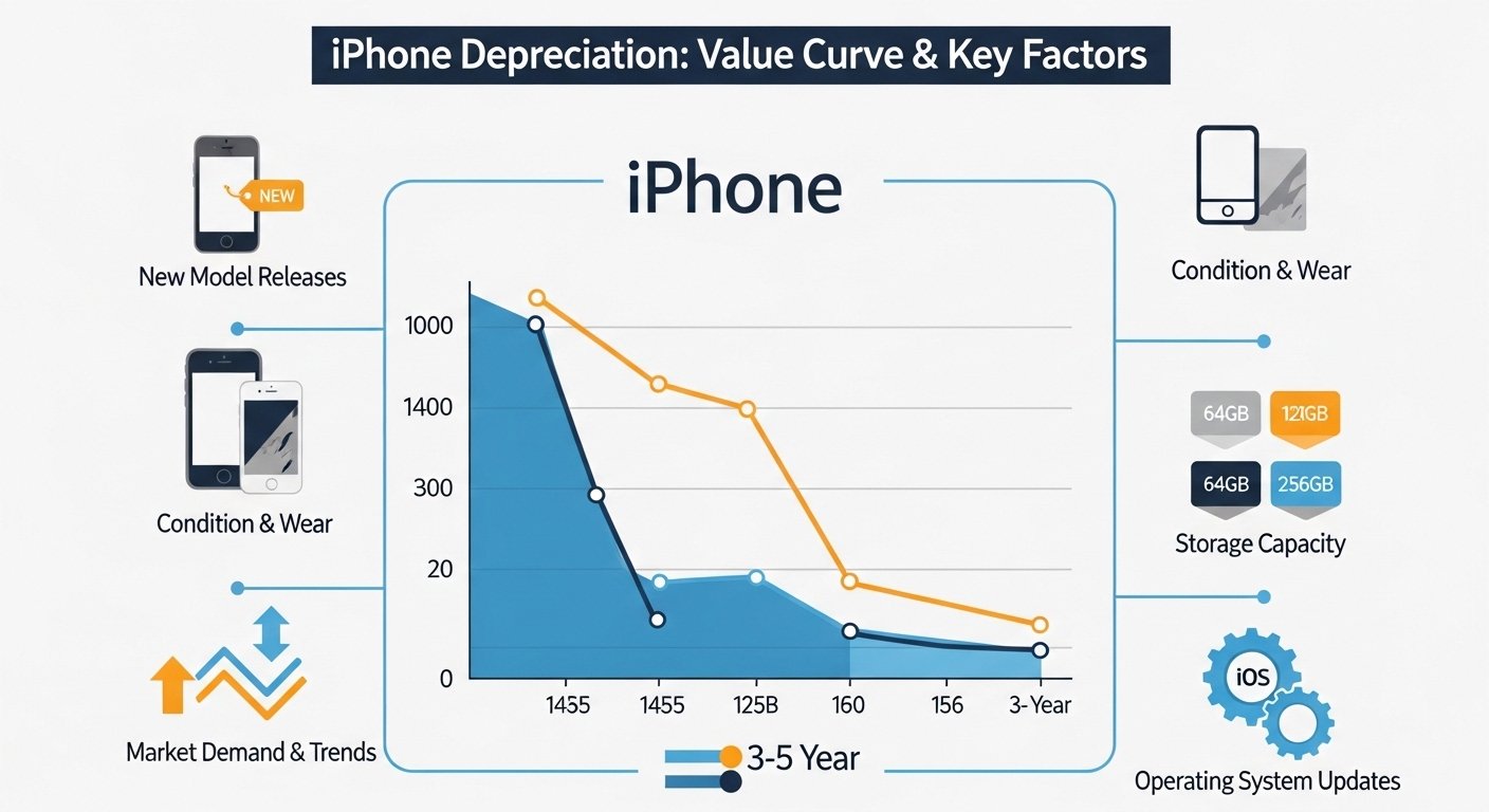 Infographic showing iPhone depreciation curve and value factors