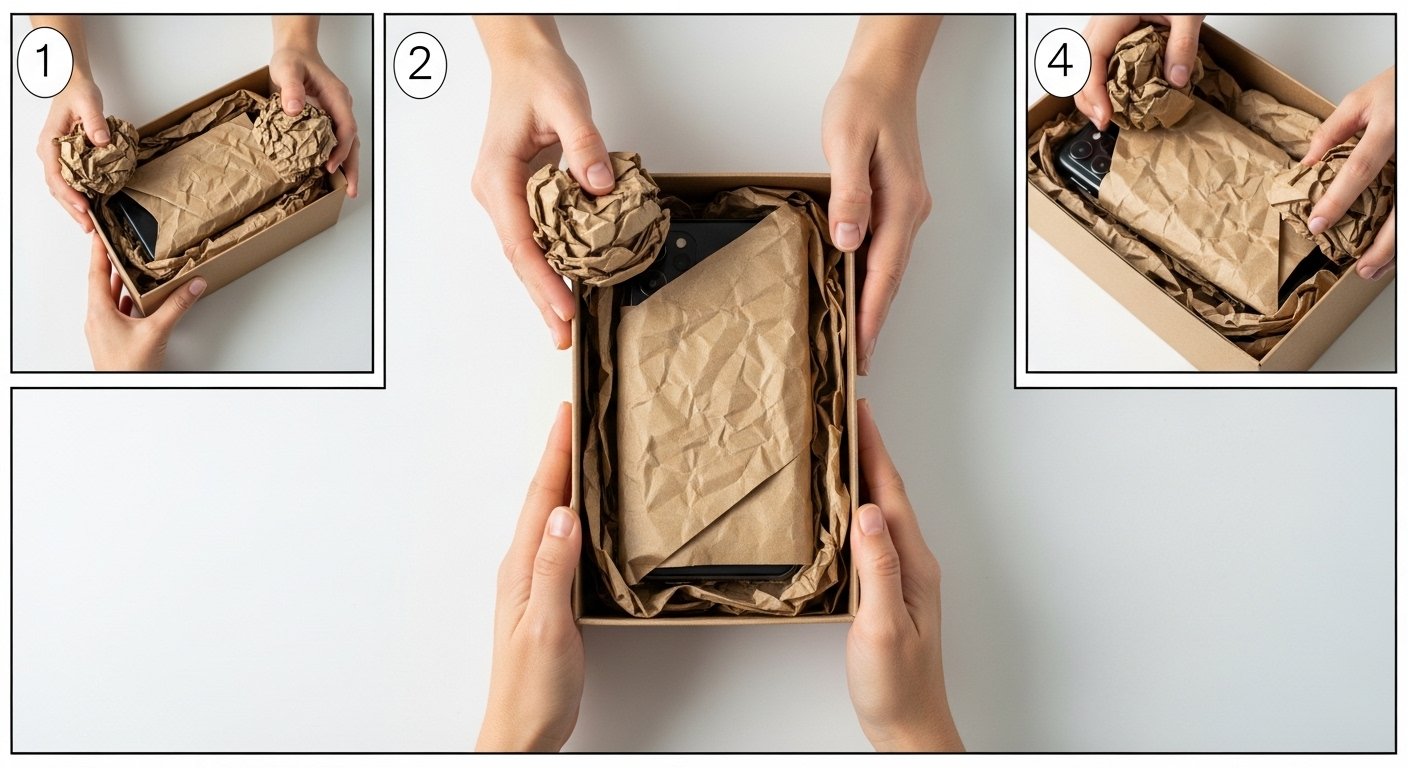 Step-by-step phone packing: wrap in bubble wrap, place in box, add cushioning, seal