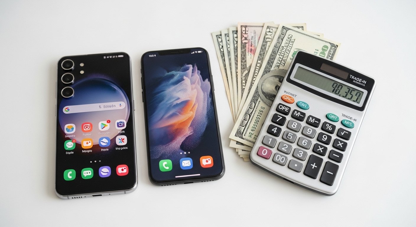 Samsung trade-in topics: Samsung Galaxy S24 and iPhone side by side with cash and calculator