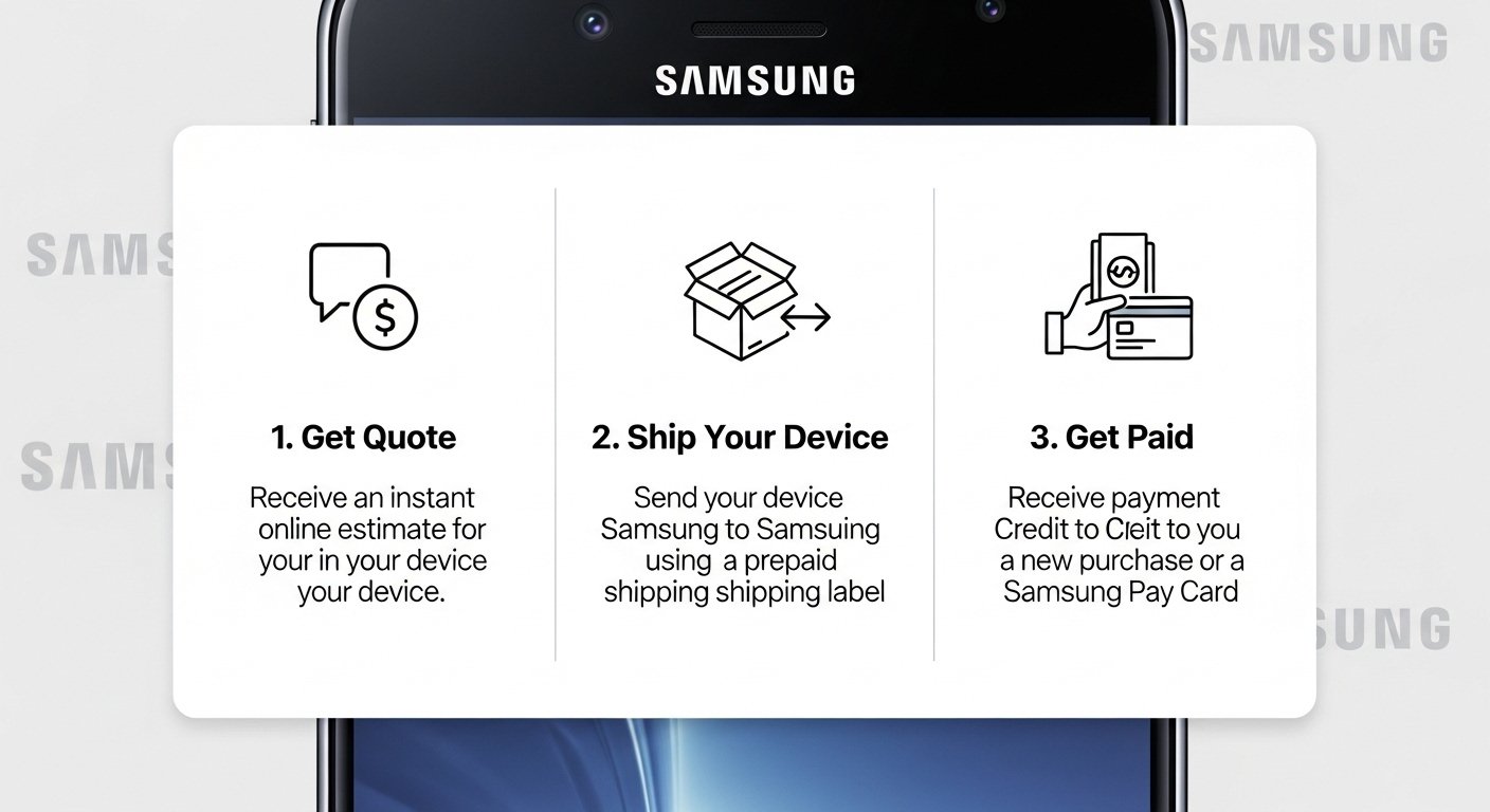 Infographic showing Samsung trade-in process: quote, ship, get paid