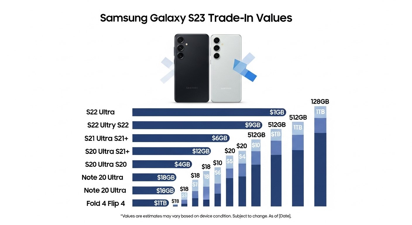 Infographic showing Samsung Galaxy S23 trade-in values by model and storage