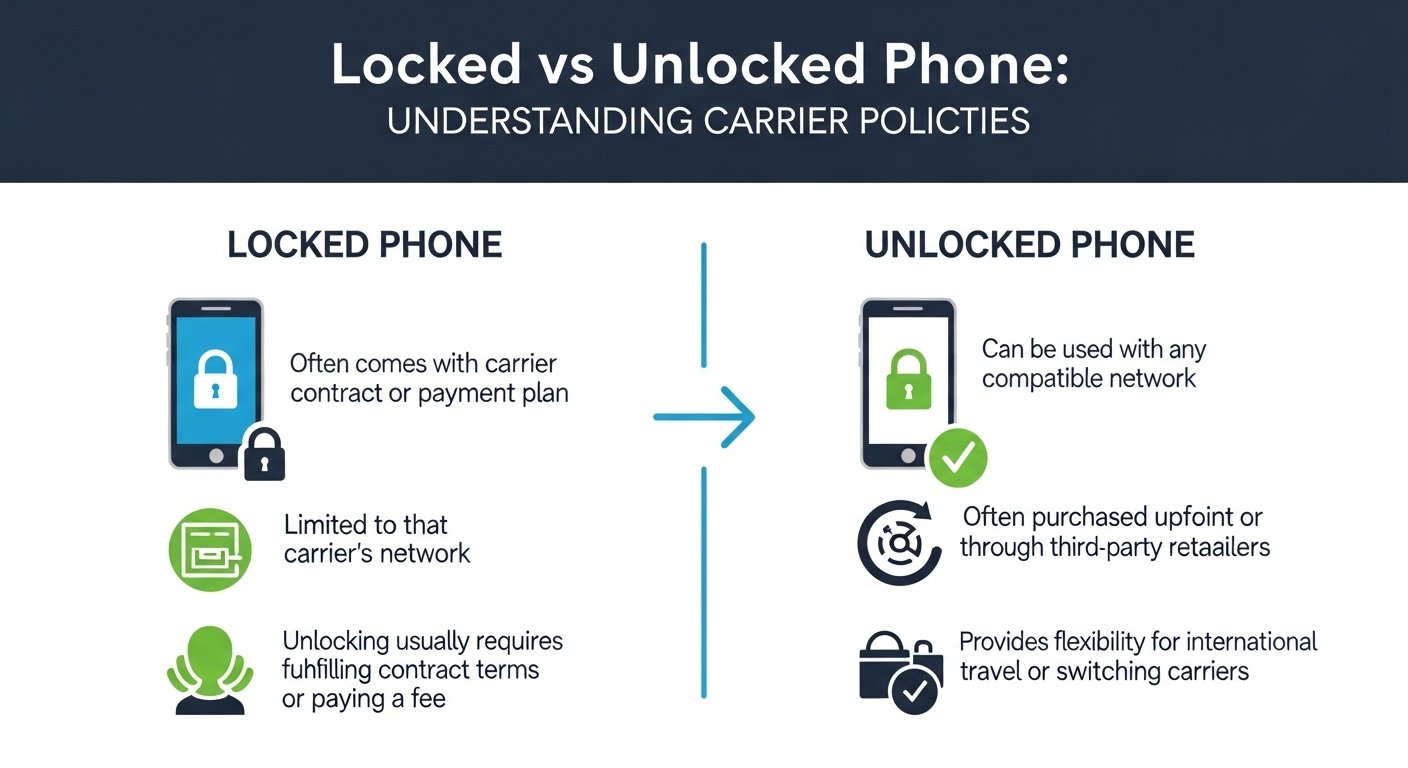 Infographic explaining locked vs unlocked phone and carrier policies