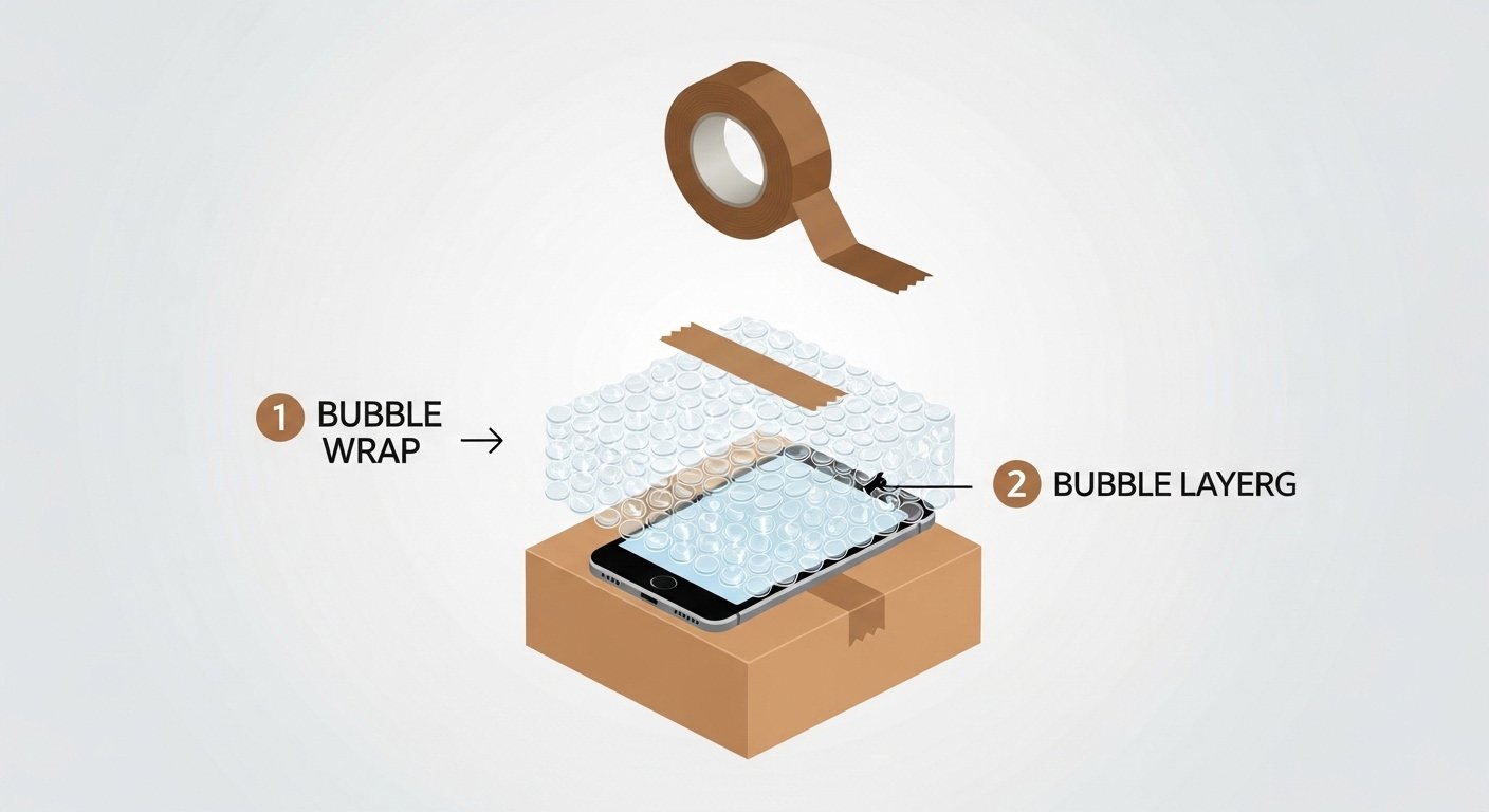 Infographic showing proper phone packing layers: bubble wrap, box, tape