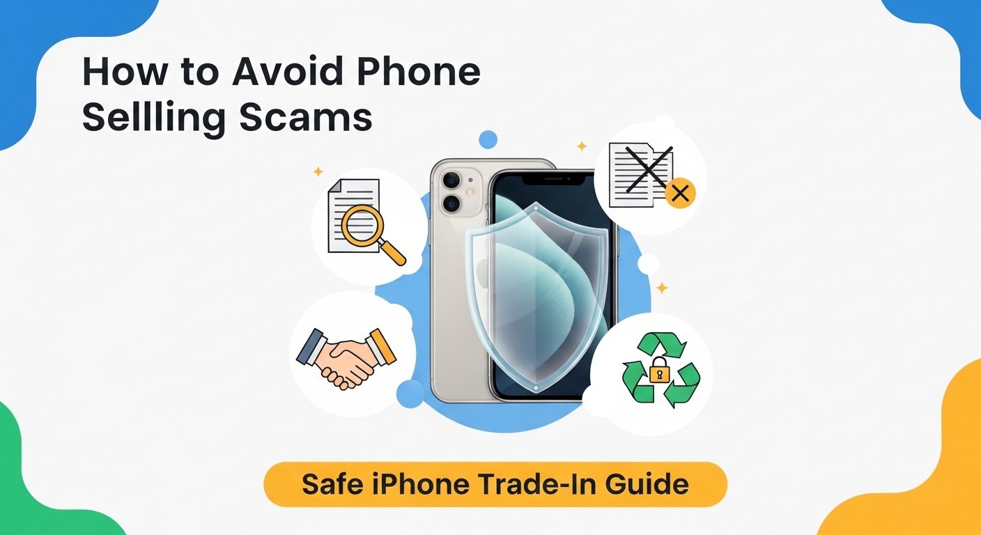 Social media graphic: How to avoid phone selling scams – safe iPhone trade in guide