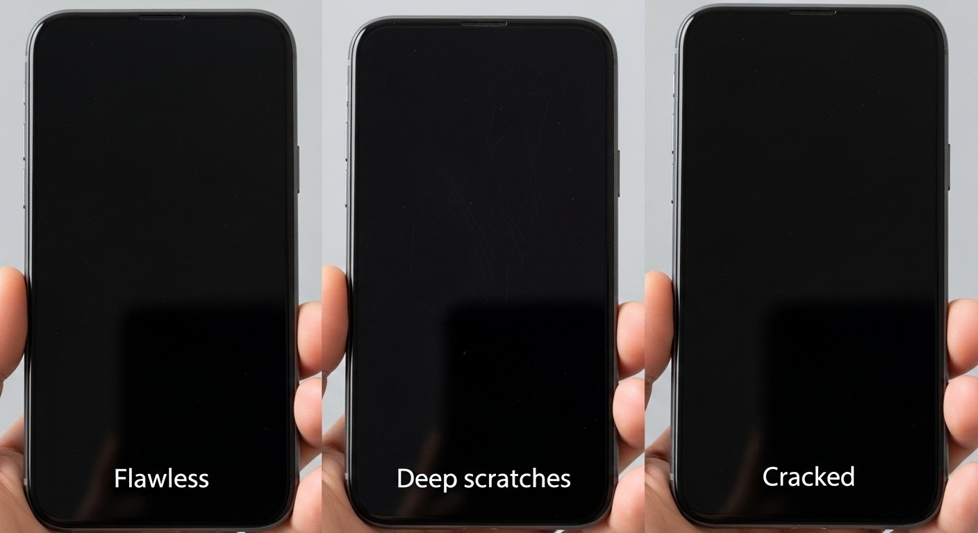 iPhone screen condition grading: flawless, micro-scratches, deep scratches, cracked
