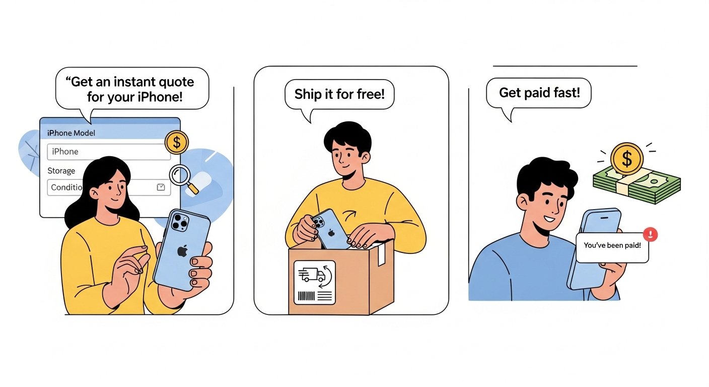 Step-by-step illustration: quote, ship, get paid for iPhone trade in