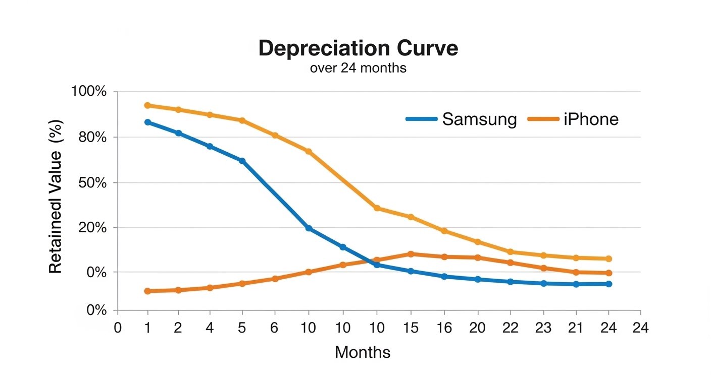 Infographic comparing Samsung vs iPhone depreciation curves over 24 months