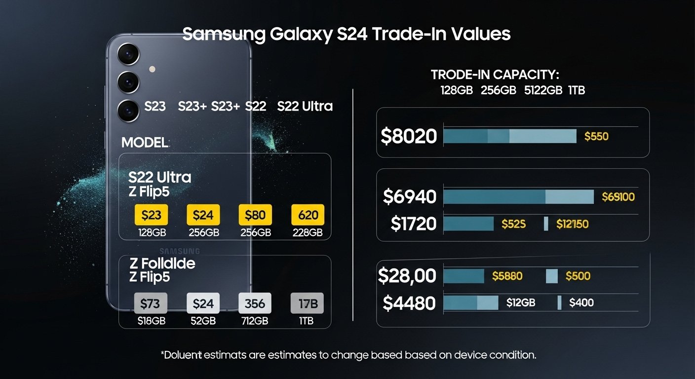 Infographic showing Samsung Galaxy S24 trade-in values by model and storage