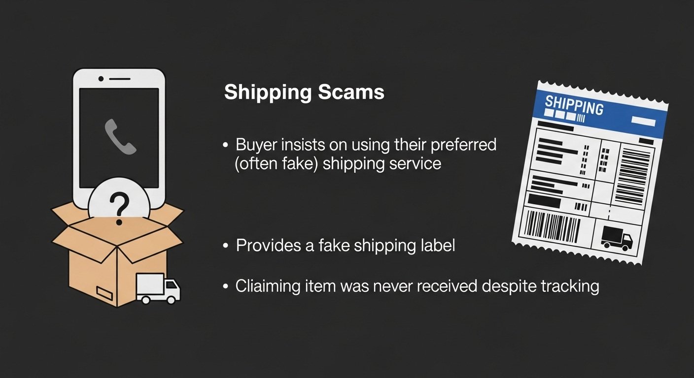Infographic showing common phone selling scams: fake payment, overpayment, shipping scams