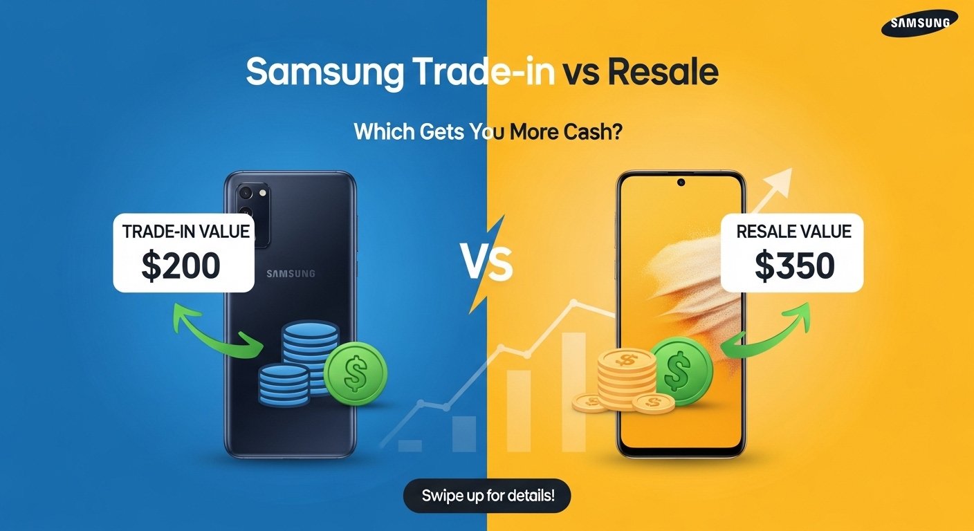 Social media graphic: Samsung trade-in vs resale – which gets you more cash?