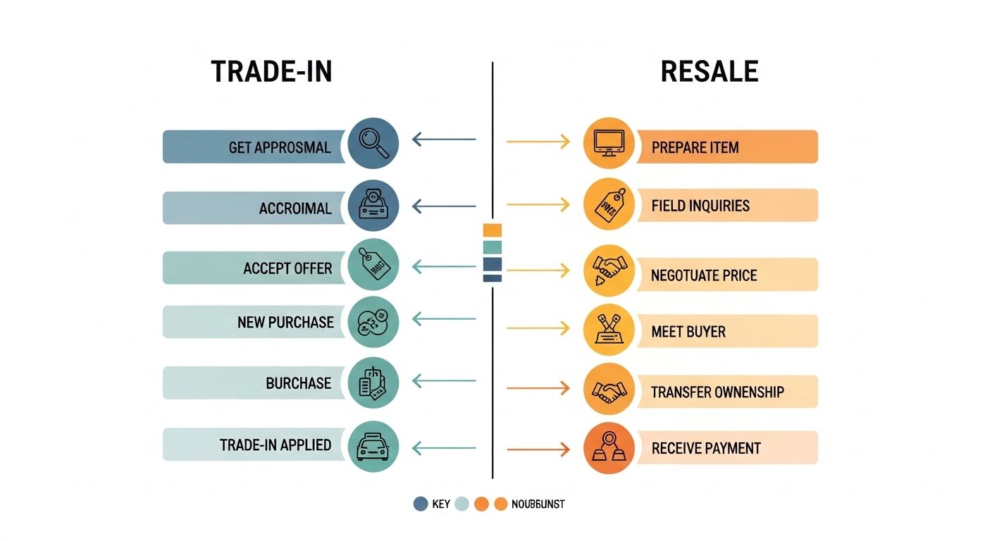 Infographic comparing trade-in vs resale process flow