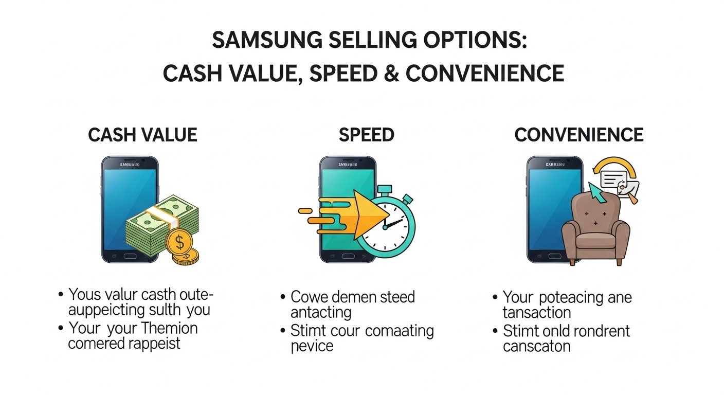 Infographic comparing Samsung selling options: cash value, speed, convenience